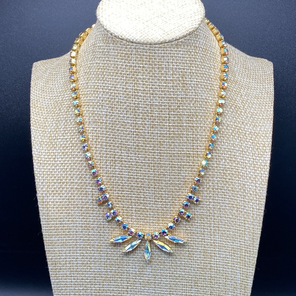 Unsigned Gold Tone Crystal Necklace Vintage Aurora Borealis Multi 16"